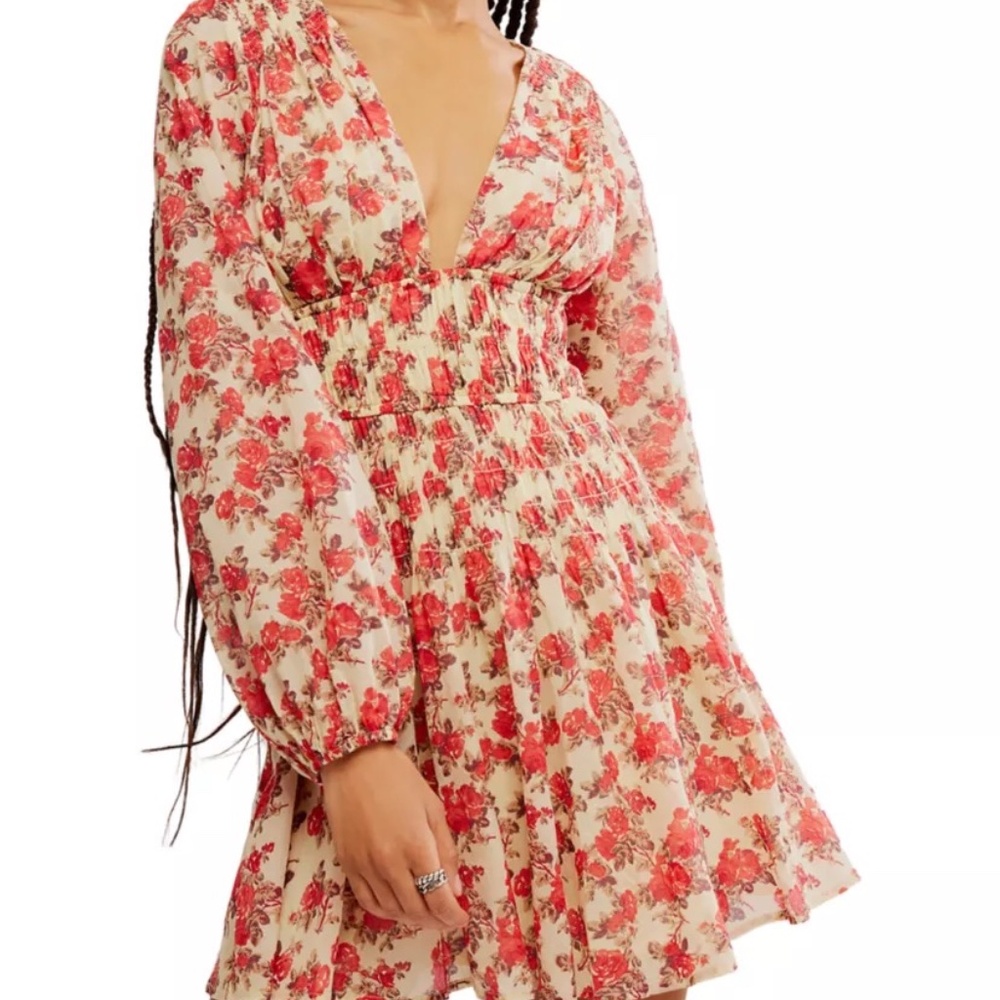 Free People Red Floral Smocked V-Neck Mini Dress Long Sleeve Cream XS OB1112443